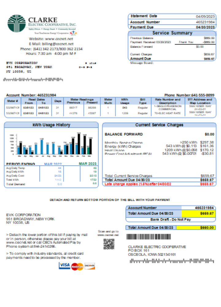 Clarke Electric Co Op Inc utility business bill, SCR PSD template